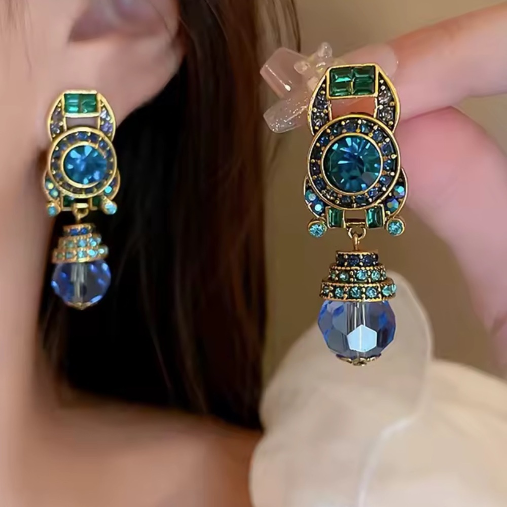 Anthropologie Teal and Blue Crystal Drop Statement Earrings